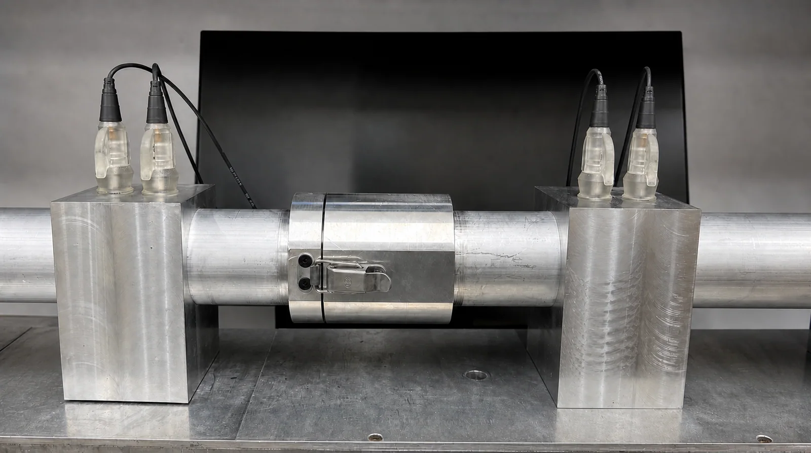 Close-up of impedance tube test microphones in Aerogel Core's acoustic laboratory